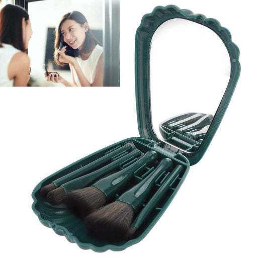 BeautyNest™ Mirror-Case Brush Set – 5-in-1 Portable Makeup Kit (Random Colour)